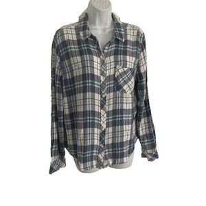 Time And Tru Flannel Shirt Womens Large Blue White  Plaid Long Sleeve Button Up